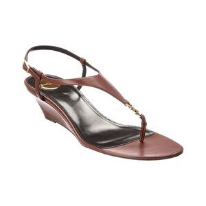 Saint Laurent Cassandra Leather Wedge Sandal, Brown